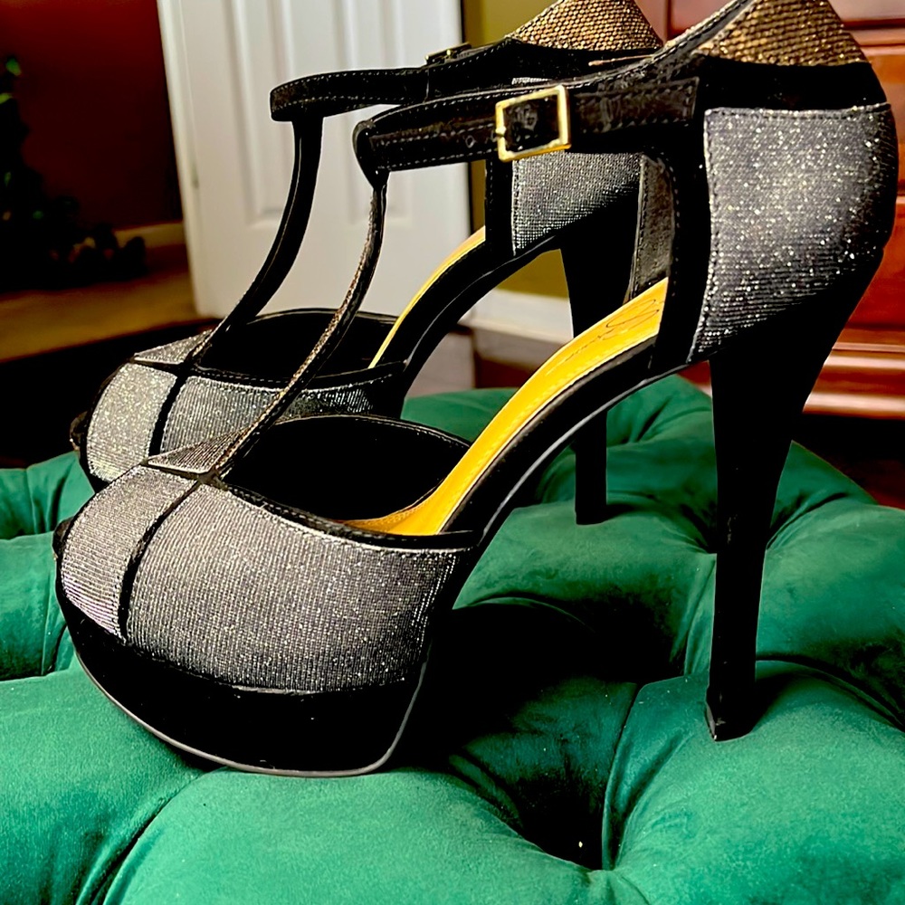 Jessica Simpson Gunmetal Combo Shimmer Glitter Heels. Gem